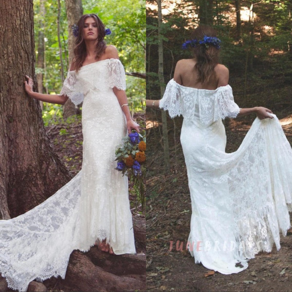 Elegant Off Shoulder Bohemian Boho Wedding Dresses Lace Spring Summer Vestido de novia Garden Sheer Bridal Gowns Plus Size Arabic