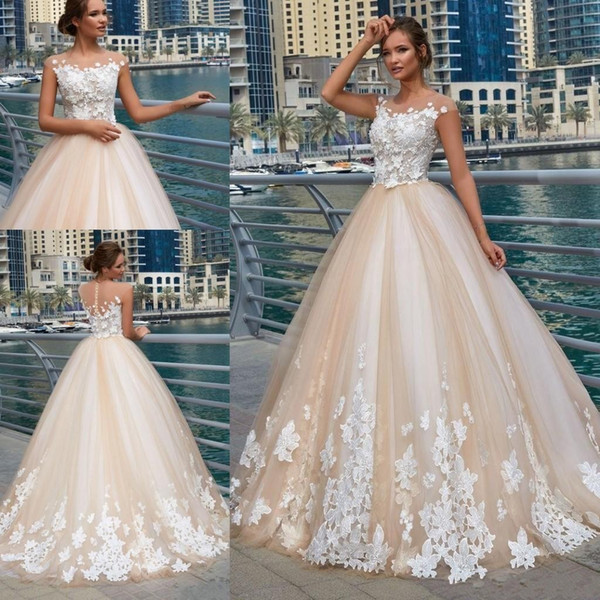 Designer Wedding Dresses Sheer Neck 3D Flowers Lace Applique Beads Illusion Cap Sleeves Button Back Sweep Train A Line Bridal Gowns