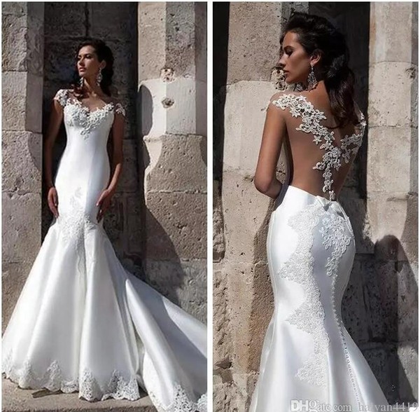 Designer Milla Nova Mermaid Wedding Dresses V Neck Illusion Short Sleeves Lace Applique Sheer Open Back Satin Sweep Train