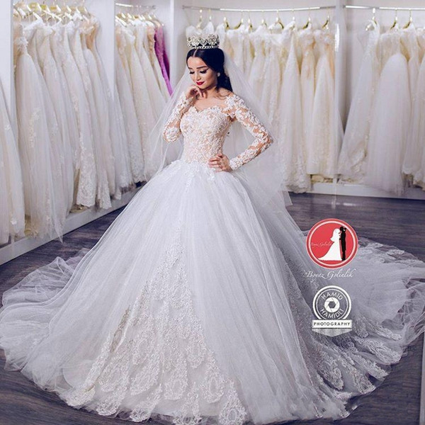 New Dubai Vintage Long Sleeves A-line Wedding Dresses Tulle Lace Appliques Vestios De Novia Ball Gown Bridal Chapel Train Custom BA9426