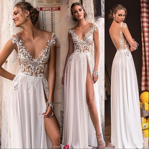 Designer Berta High Split Beach Wedding Dresses Sheer Cap Sleeve Backless Appliques See Through Summer Boho Bridal Gowns