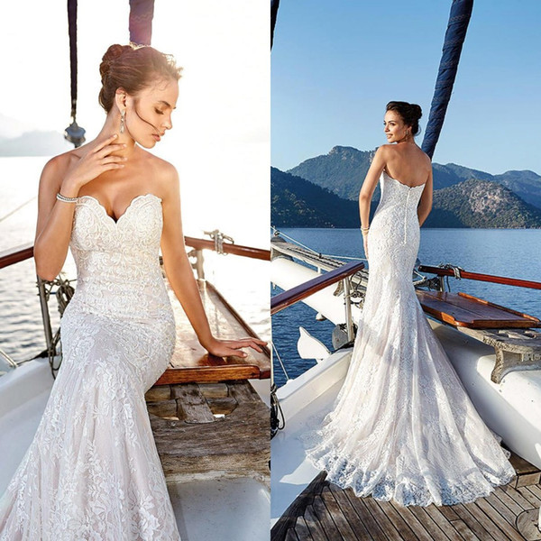 Designer Lace Mermaid Wedding Dresses Sweetheart Tulle Long Sweep Train Beach Country Wedding Bridal Gowns BC0174