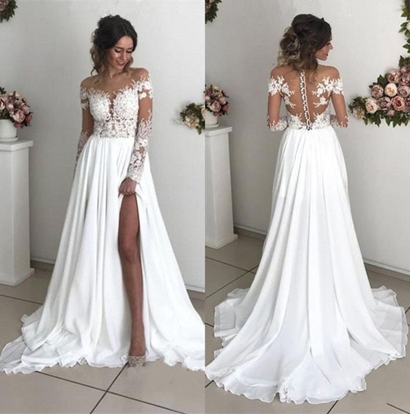 Cheap Summer Boho Long Sleeves Wedding Dresses Sheer Appliques Off Shoulder Split Long Bohemian Country Bridal Gowns