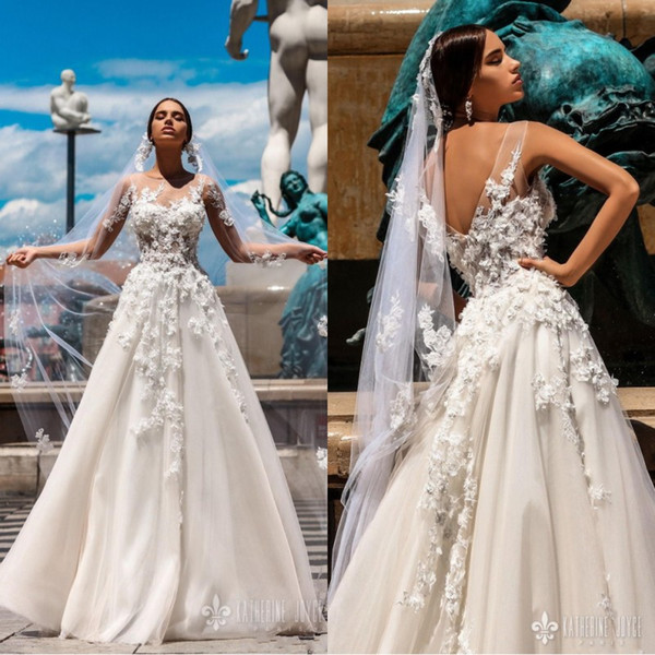 Glamorous Spring 3D Floral A Line Wedding Dresses Sheer Neck Floor Length Beach Wedding Dress Sexy Back Boho Bridal Gowns