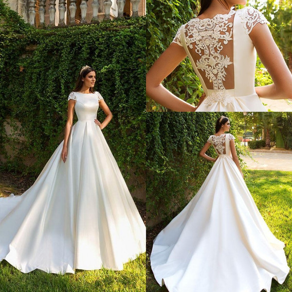 Short Sleeve A Line Satin Court Train Wedding Dresses Gorgeous Appliques Princess Bride Gown Vestido de Noiva BC0401