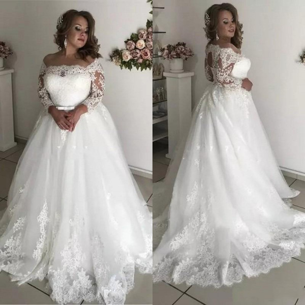 African Plus Size Wedding Dresses Sheer Neck Long Sleeve Appliques Illusion Hollow Back Garden Country Bridal Gowns robe de mariée