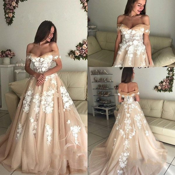 Designer Off-the-Shoulder Long Wedding Dresses Champagne Tulle Lace-Up Bridal Gowns Plus Size Custom Made Wedding Dress BC1061