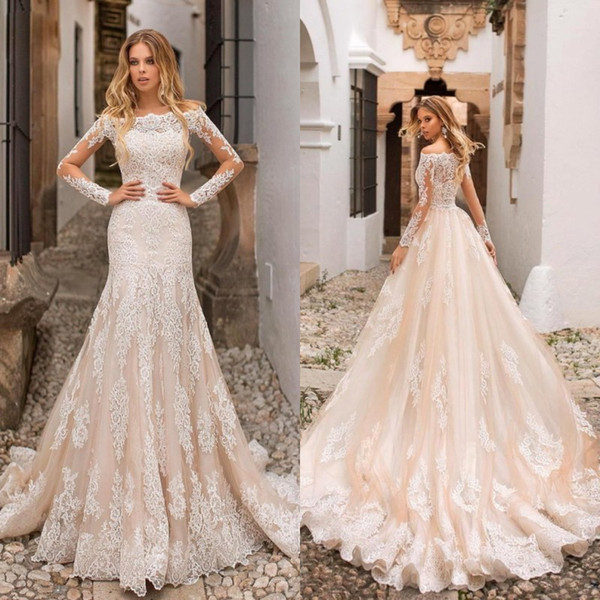 Champagne Mermaid Wedding Dresses Off Shoulder Lace Appliques Sheer Long Sleeves Tulle Long Bridal Gowns BC0120