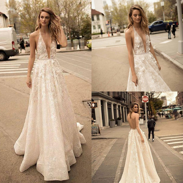 Berta Designer Boho Beach Wedding Dresses Deep V Neck Bling Sequins Beading Sexy Backless Bridal Gowns