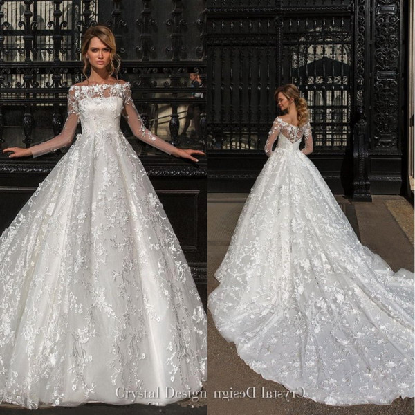 Beautiful Designer Long Sleeves Wedding Dresses Off The Shoulder Lace Appliqued Chapel Train Plus Size Church Bridal Dress