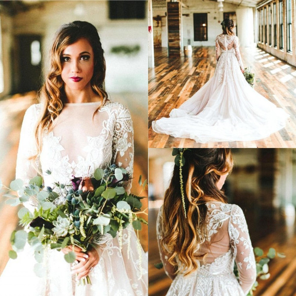 Bohemian Desginer Country A Line Wedding Dresses Sheer Long Sleeves Jewel Neck AppliquesBridal Gowns Sweep Train BC0135