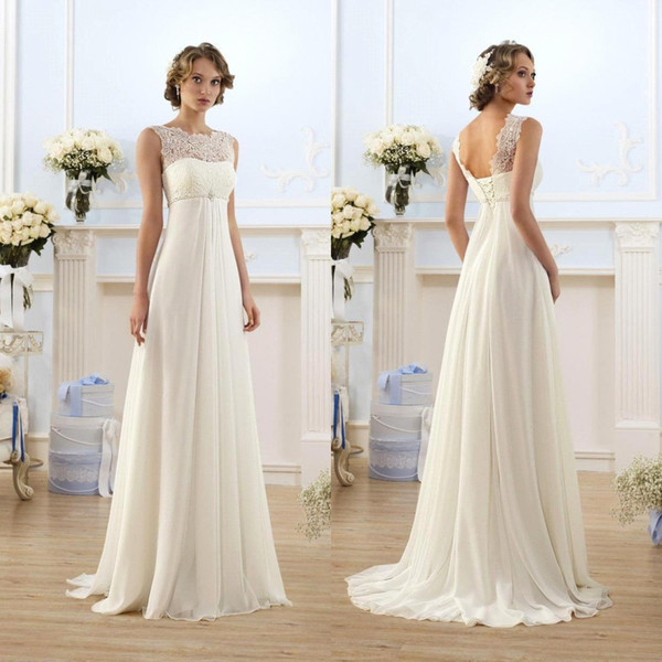 Lace Chiffon Empire Wedding Dresses 2019 Cheap Sheer Neck Capped Sleeve A Line Long Chiffon Wedding Dresses Summer Beach Bridal Gowns CPS212