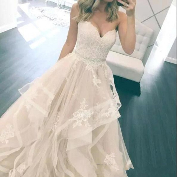 Sweetheart A Line Cascading Ruffles Wedding Dresses Lace Appliqued Tulle Tiered Skirts Bridal Gowns With Crystal Sash BA6679