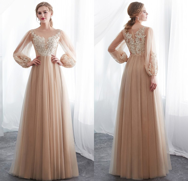 Real Photos Designer Boho Champagne Wedding Dresses with Long Sleeves Lace Tulle Country Style Bridal Gowns CPS1015