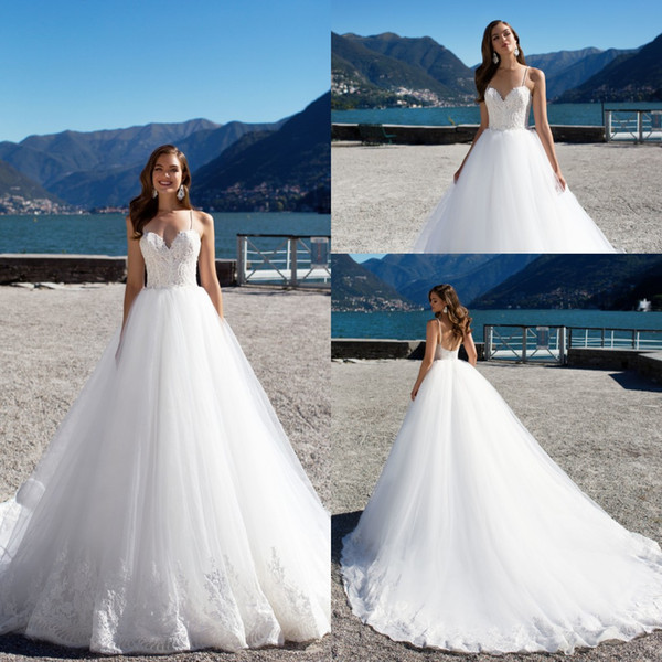 New Spaghetti Straps Lace Applique A Line Wedding Dresses Backless Court Train Custom Made Designer Plus Size Bridal Gowns