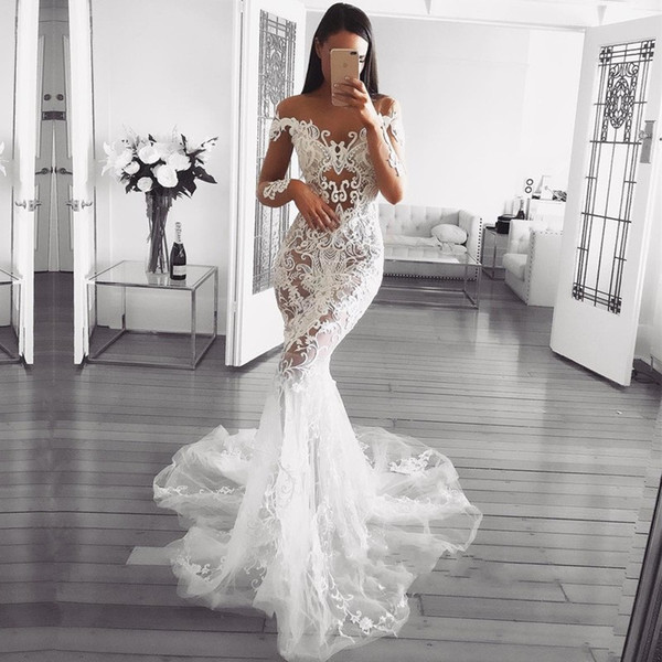 Dubai Arabic Luxury Sparkly Mermaid Wedding Dresses Sexy Bling Beaded Lace Applique High Neck Illusion Long Sleeves Chapel Bridal Gowns