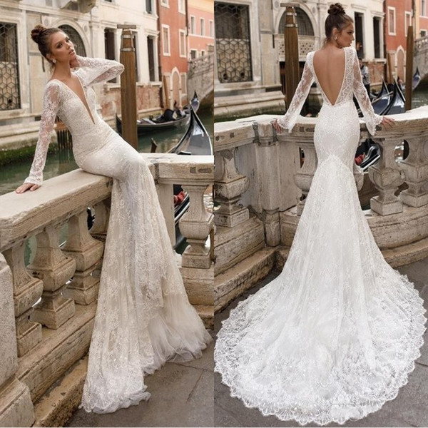 Berta Designer Full Lace Wedding Dresses Sheer Long Sleeves Plunging V Neck Sexy Backless Mermaid Bridal Gowns Vintage BA8201