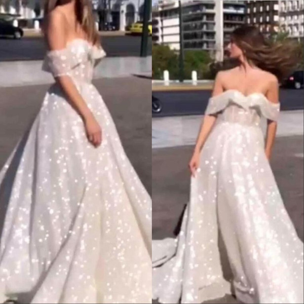 Sparkly Sequin Tulle Arabic Wedding Dresses Glitter Glued Lace Off the Shoulder A Line Puffy Brides Engagement Chapel Train Gowns