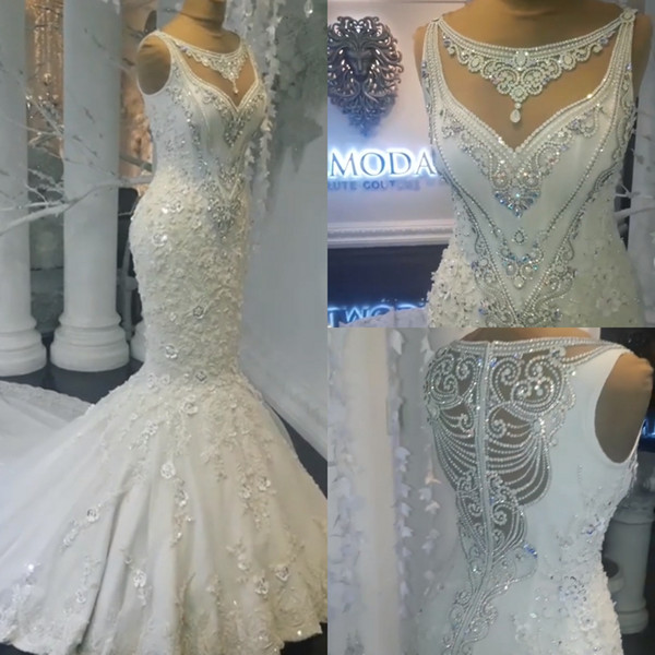 2019 Royal Garden Sleeveless Mermaid Crystal Wedding Dresses Rhinestones SweepTrain See Through Backless Bridal Gowns