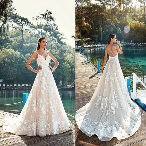 New Wedding Dresses Flowers Appliques Long A-line Sleeveless Bridal Gowns Backless Criss-Cross Sweep Train Vestiods de novia BA9991