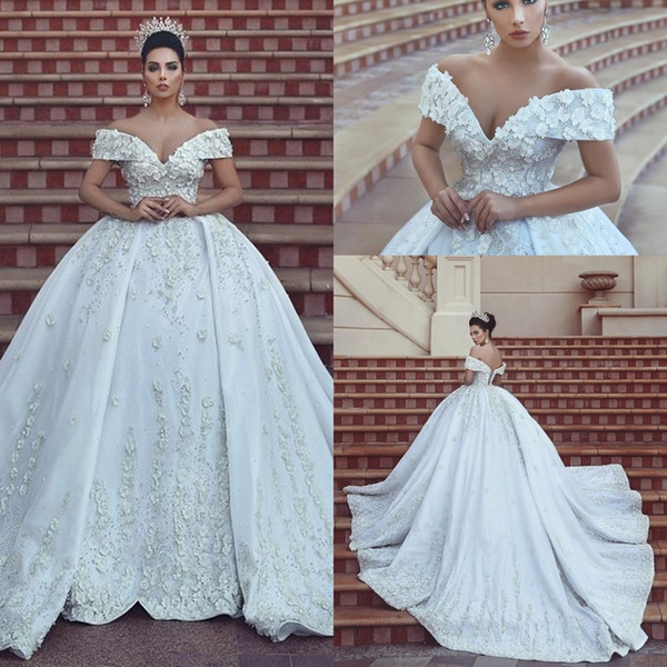 2019 Said Mhamad Designer Garden Cap Sleeves A Line Crystal Wedding Dresses Off The Shoulder Cathedral Train Bridal Gowns