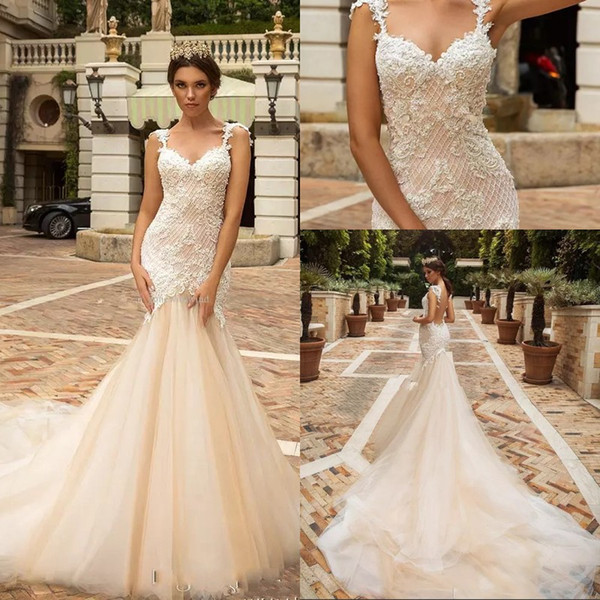 Designer Mermaid Lace Wedding Dresses Crystal Design Bridal Embellished Bodice Sleeveless Fit and Flare Backless Wedding Gowns