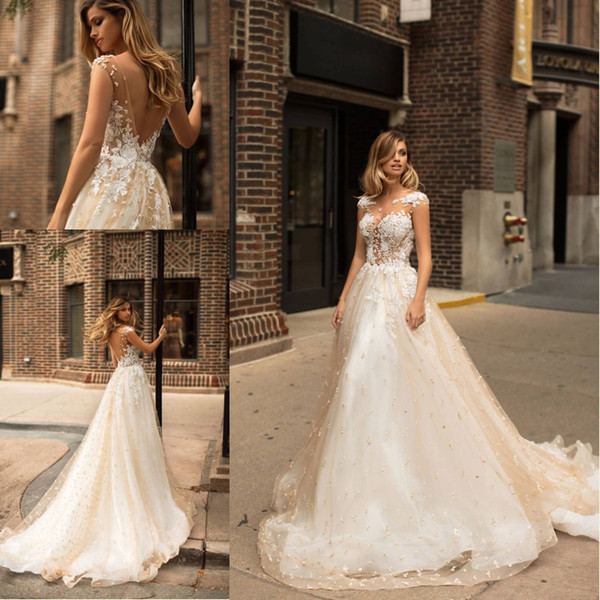 New Designer Champagne Wedding Dresses Illusion Neckline Beaded Pearls Lace Bridal Dress Spring Milla Nova Wedding Gowns