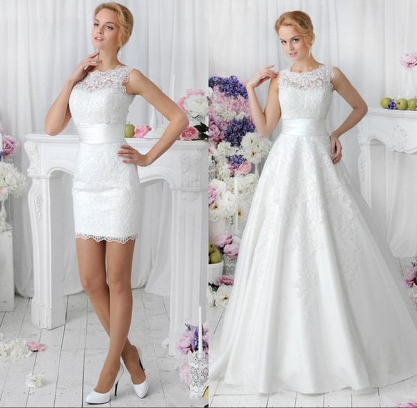 Two Pieces A Line Lace Wedding Dresses with Detachable Skirt Vestidos De Noiva Spring Crew Neck Short Bridal Gowns for Dance