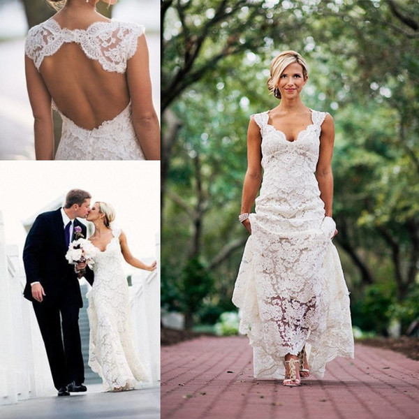 Sexy Backless Lace Wedding Dresses Bohemian Boho Beach Bridal Dresses Ivory A-Line Hollow Chapel Train Elegant V neck Wedding Gowns