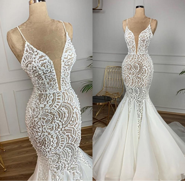 Designer Mermaid Lace Beaded Arabic Wedding Dresses Spaghetti Sexy Vintage Bridal Dresses Charming Elegant Sweep Train Wedding Gowns