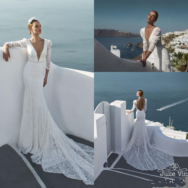 New Beach Long Sleeves Lace Sheath Wedding Dresses Plunging V Neck Beaded Sequined Sexy Backless Bridal Gowns