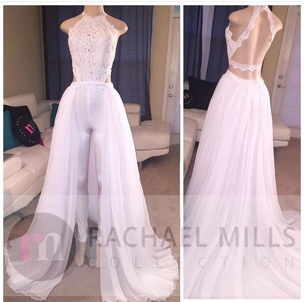 White Keyhole Lace Jumpsuits Chiffon A Line Wedding Dresses Cheap Sleeveless Backless Full Length Summer Beach Bridal Dress