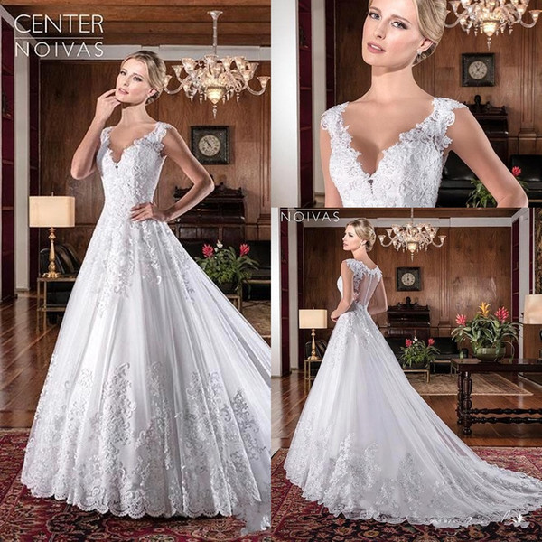 Designer Custom Made crystal Wedding Dresses V Neck Lace A Line Sweep Train Illusion Back Custom Made Cheap Bridal Dresses BC0263