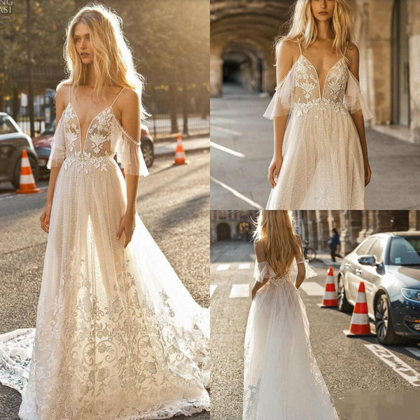 Designer Gali Karten A Line Lace Wedding Dresses Spaghetti Appliques Illusion Sexy Boho Plus Size Beads Backless Bohemian Bridal Gowns