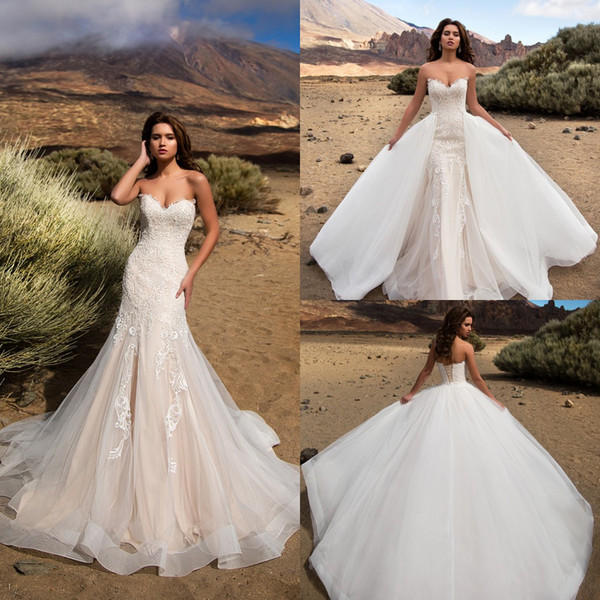 Designer Champagne Sweetheart Mermaid Lace Wedding Dresses With Overskirts Detachable Train Backless Beach PLus Size Bridal Gowns