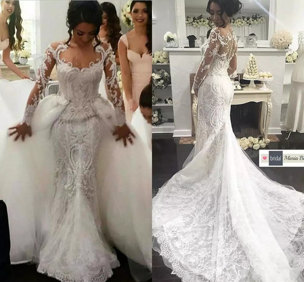 Designer Luxury Middle East Mermaid Wedding Dresses Sheer Long Sleeves Lace Bridal Gowns Detachable Overskirts Wedding Gowns