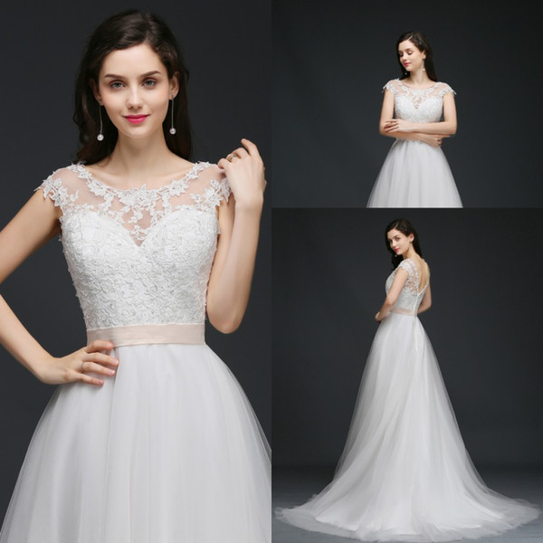 Elegant Scoop Neck Long Wedding Dresses A line Zipper Back Bridal Wedding Gown Appliques Lace Wedding Dress robe de mariee CPS745