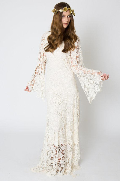 Bohemian Style Beach Wedding Dresses New Custom Made Floor Length Sheath Juliet Long Sleeve Lace Bridal Gowns Robe De Mariage W1009