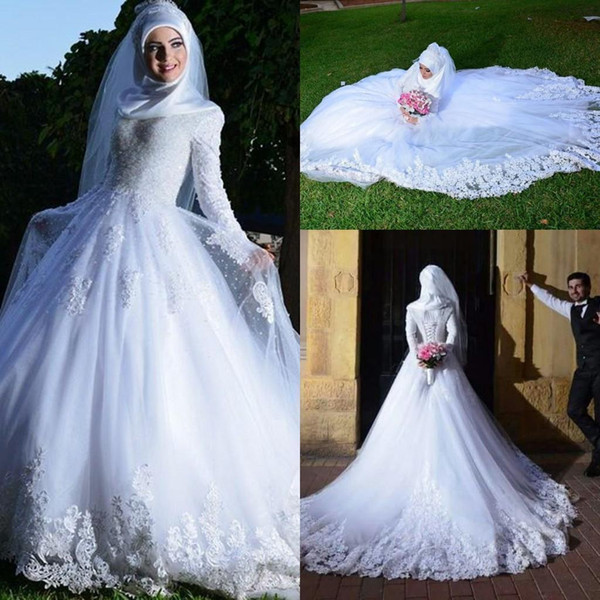 Hot Sale Muslim White Long Sleeve Wedding Dresses Pearl Beads Lace Appliques Bridal Wedding Ball Gown 