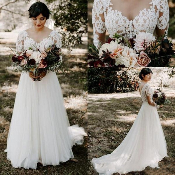 Vintage Country Weddng Dresses Empire V Neck Long Sleeve Sweep Train Bridal Gowns With Lace Tulle Backless Wedding Gowns Bridal Dresses