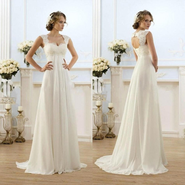 New Cheap Romantic Beach A-line Wedding Dresses Cap Sleeve Keyhole Lace Up Backless Chiffon Summer Floor Length Bridal Gowns