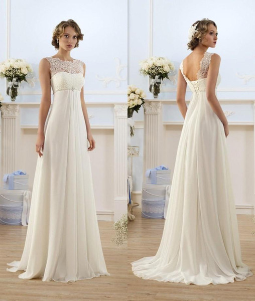 Chiffon A Line Empire High Waist Wedding Dresses Lace Sheer Neckline Lace-up Backless Summer Beach Maternity Bridal Gowns CPS212