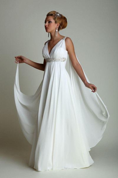 Greek Style Beach Wedding Dresses 2017 New Beads Sash V-Neck Pleats Empire Chiffon Maternity Bridal Gowns Robe De Mariage Custom Made W986