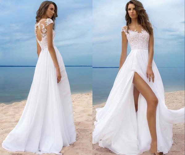 Sexy High Splits Beach Wedding Dresses Chiffon Cap Short Sleeves Keyhole Back Summer Designer Cheap Wedding dress Bridal Gowns