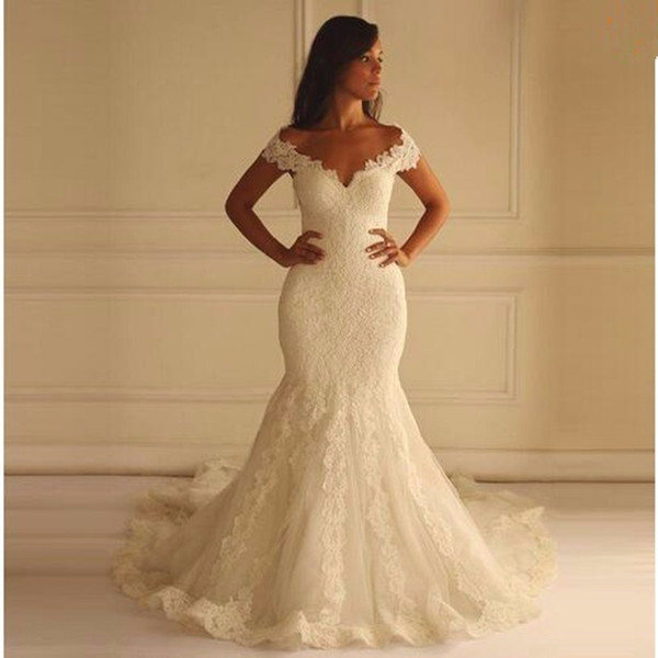 Cap Sleeve V-neck Lace Mermaid Wedding Dresses Chapel Train Zipper Back Tulle Bridal Wedding Gowns