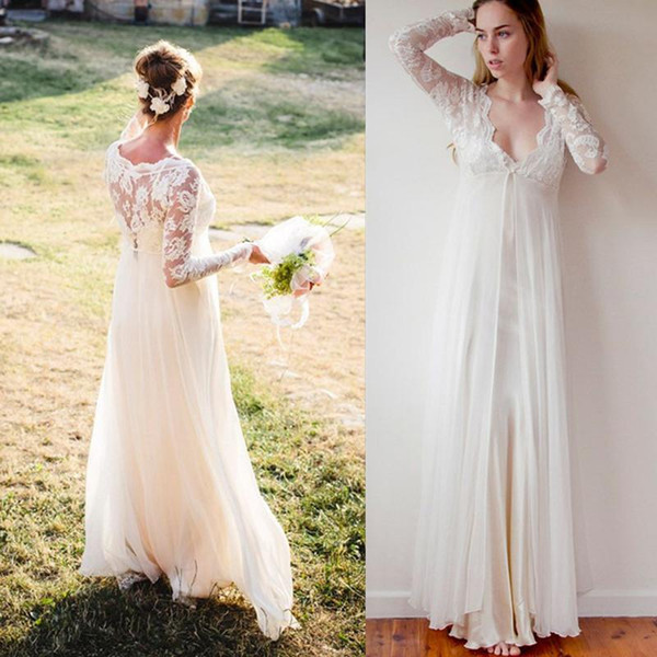 Bohemian Wedding Dresses Sleeves Long Ivory Chiffon And Lace V-neck Floor Length Empire Bridal Gowns Garden Simple Dress For Brides 2017