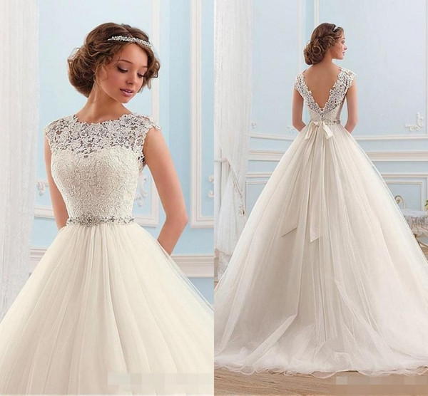 Custom Made Tulle Wedding Dresses Backless Cap Sleeves Bateau Neck Vintage Lace Beaded Chapel Train 2016 Spring Summer Bridal Wedding Gowns