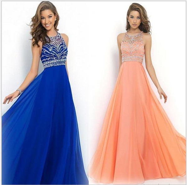 $79 In Stock 2016 Sheer Royal Blue Chiffon A-Line Dresses Cross Back Sparkly Beading Long EveningRunway Celebrity Party Gowns 2016 New