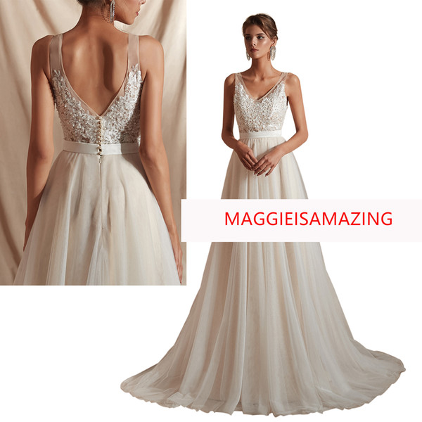 MAGGIEISAMAZING Wholesale REAL PICTURE spaghetti back zipper Applique sweep train Exposed Boning Empire Wedding Dresses CYH0E004