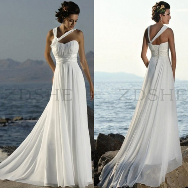 2015 Summer Beach Wedding Dresses Halter Pleated Empire Chiffon Sweep Train Lace Up Back cheap Bridal Gowns Custom made